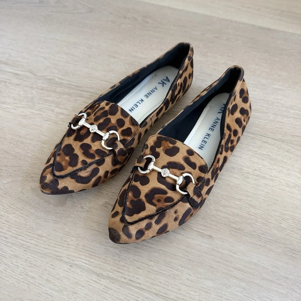 Anne Klein iflex Akoverbook Loafers Black Brown Leopard Print Pointed Toe Size 8